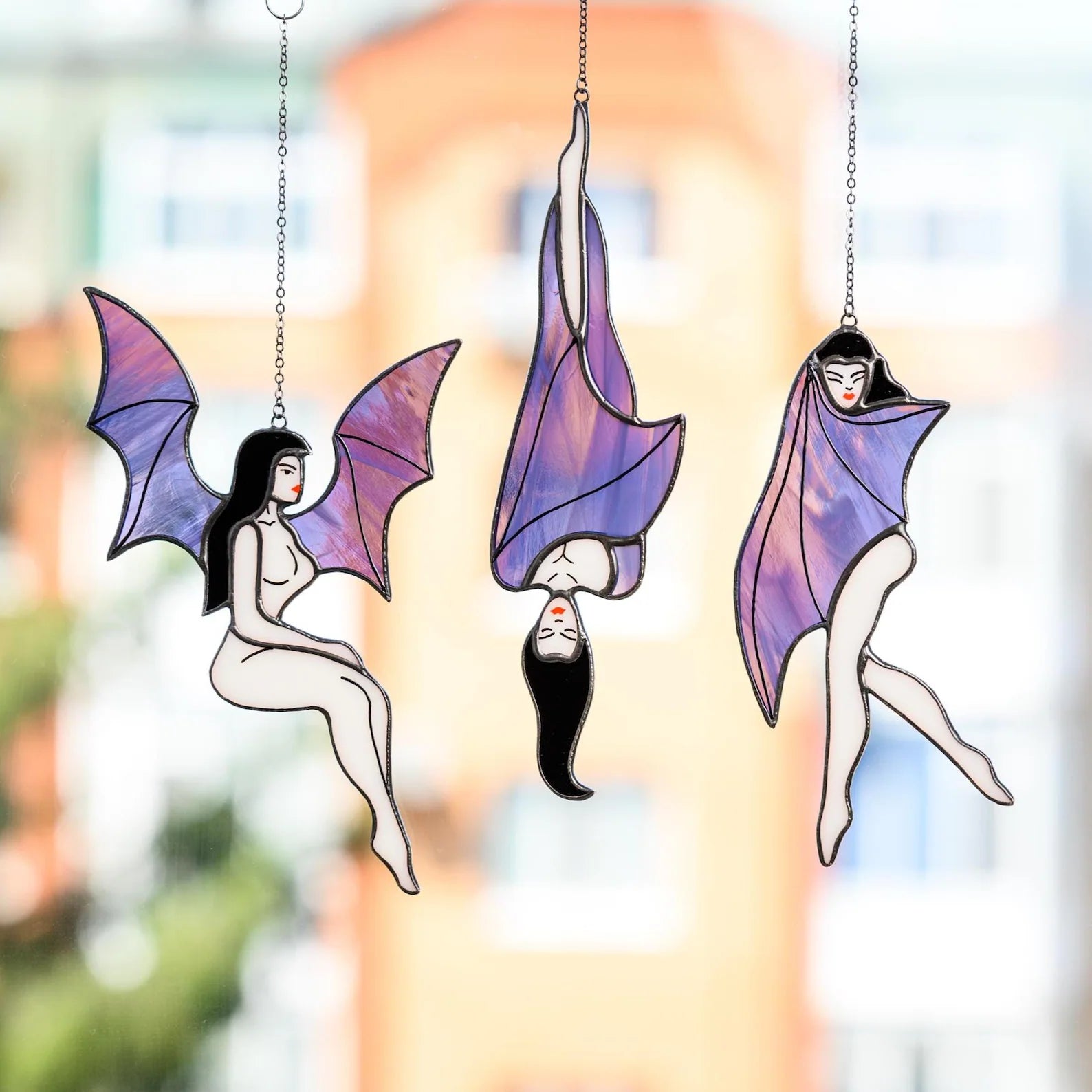 Stained Glass Bat Girl Suncatcher: Halloween Vampire Decor