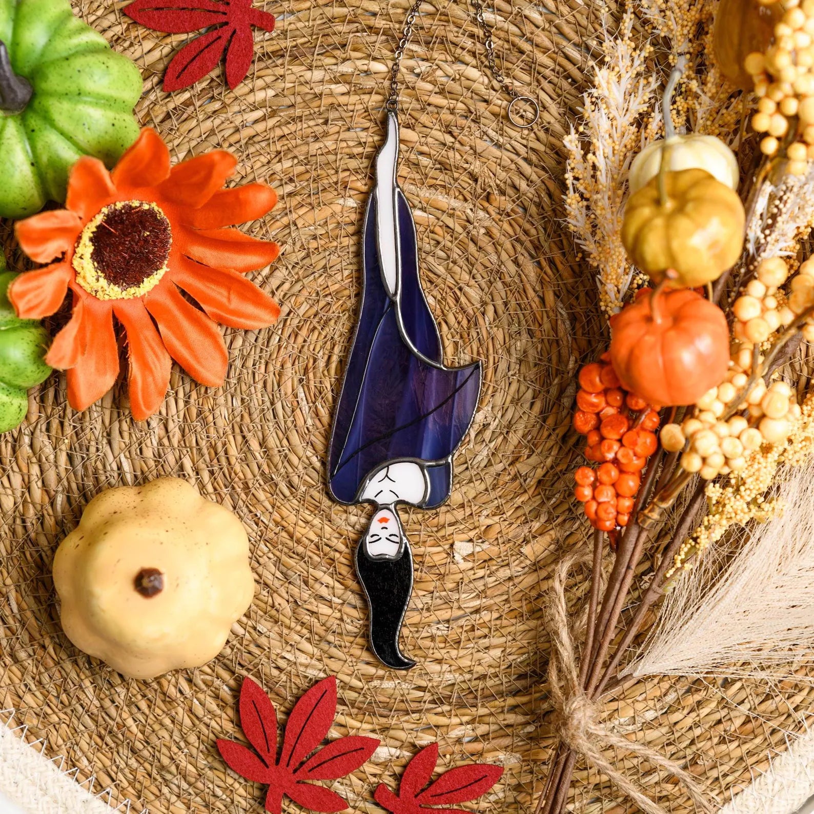 Stained Glass Bat Girl Suncatcher: Halloween Vampire Decor