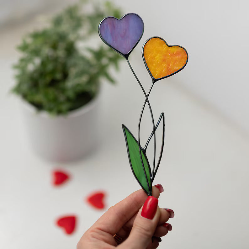 Handmade Stained Glass Plant Stake Heart Garden Stake Decorative Stake Indoor Plants Suncatcher