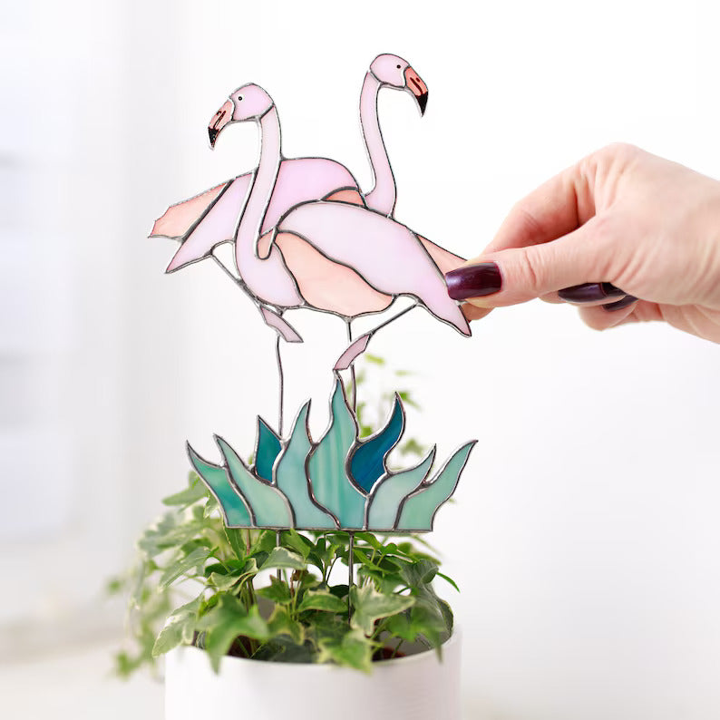 Stained Glass Flamingo Plant Stake
