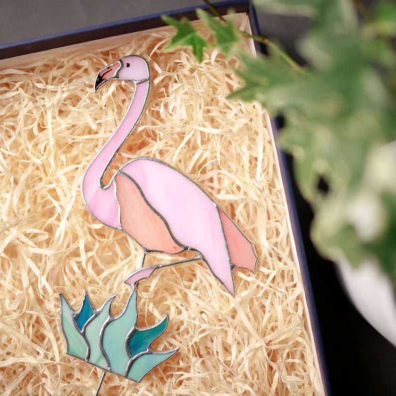 Stained Glass Flamingo Plant Stake