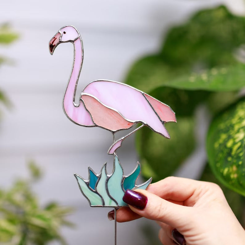 Stained Glass Flamingo Plant Stake