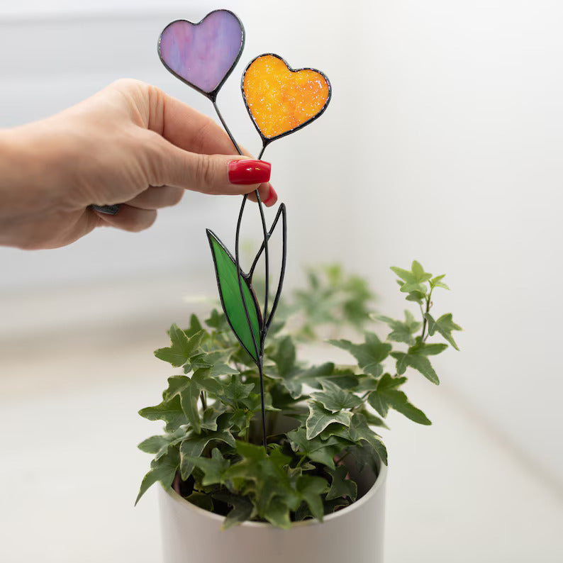 Handmade Stained Glass Plant Stake Heart Garden Stake Decorative Stake Indoor Plants Suncatcher