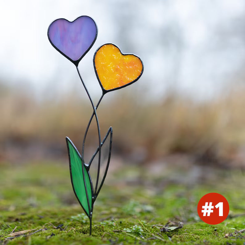 Handmade Stained Glass Plant Stake Heart Garden Stake Decorative Stake Indoor Plants Suncatcher