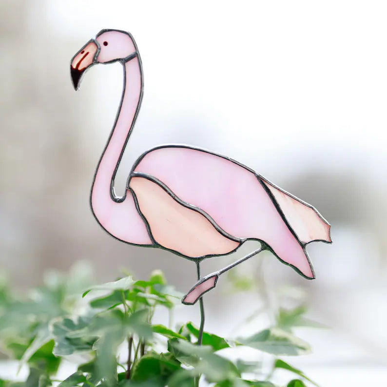 Stained Glass Flamingo Plant Stake