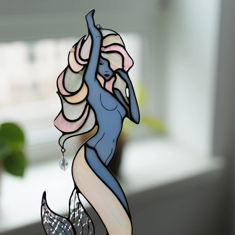 Stained Glass Window Hangings Mermaid Suncathcers for Window Beach House Decor