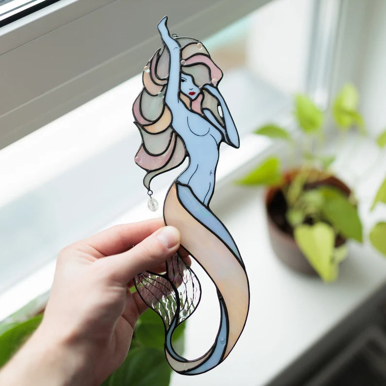 Stained Glass Window Hangings Mermaid Suncathcers for Window Beach House Decor