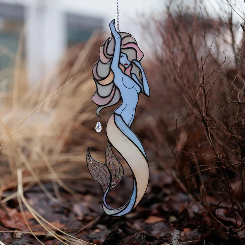 Stained Glass Window Hangings Mermaid Suncathcers for Window Beach House Decor