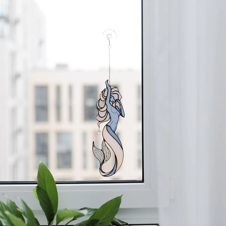 Stained Glass Window Hangings Mermaid Suncathcers for Window Beach House Decor