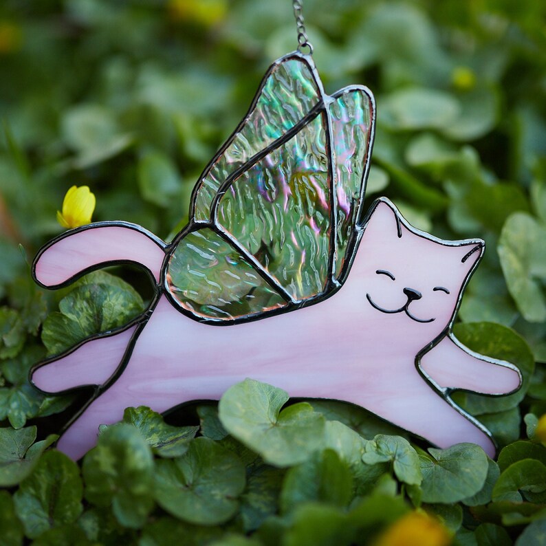 Beautiful Stained Glass Fairy Cat Suncathcer for Window Hangings Gift for Her