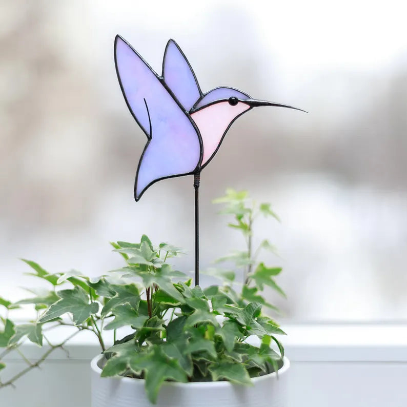 Stained Glass Green Hummingbird Plant Stake