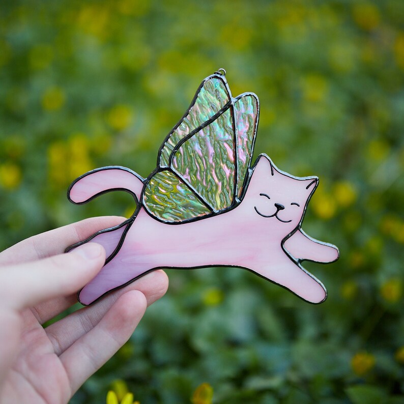 Stained Glass Flying Cat Suncatcher