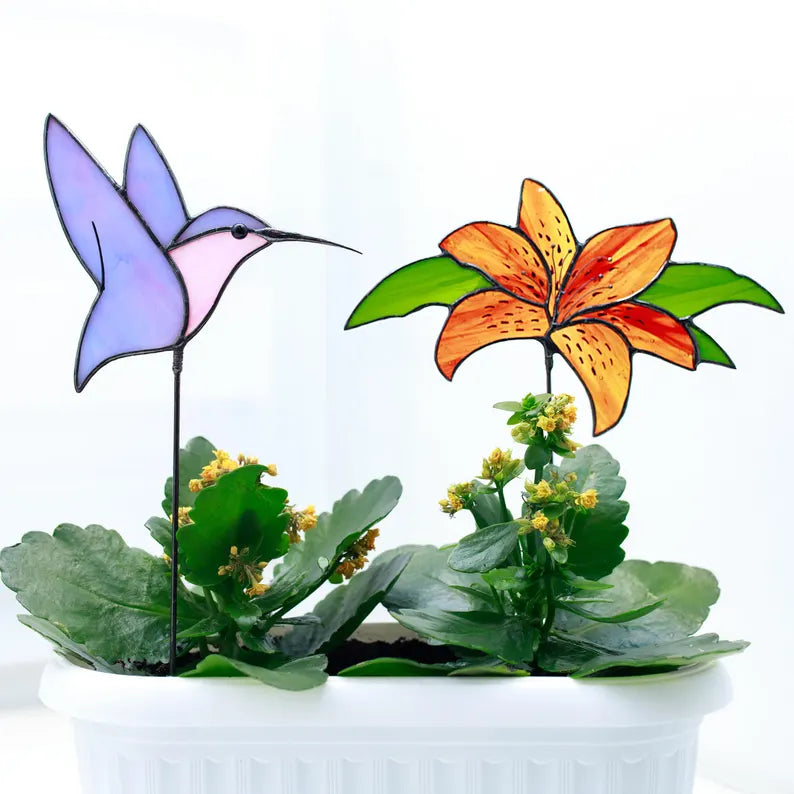 Stained Glass Violet Hummingbird Plant Stake