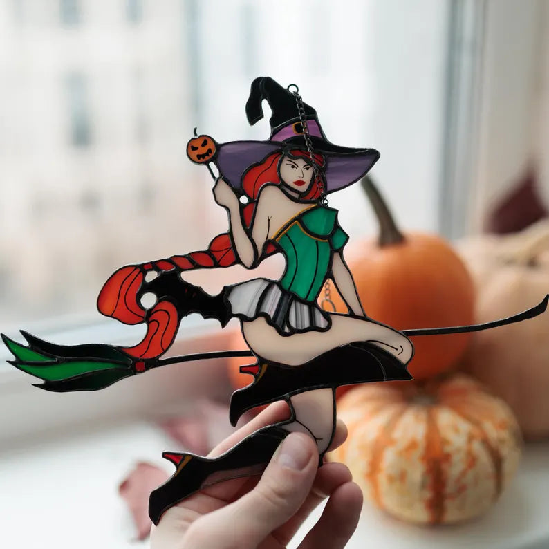 Halloween Witch on Broom Stained Glass Window Hanging Suncathcers