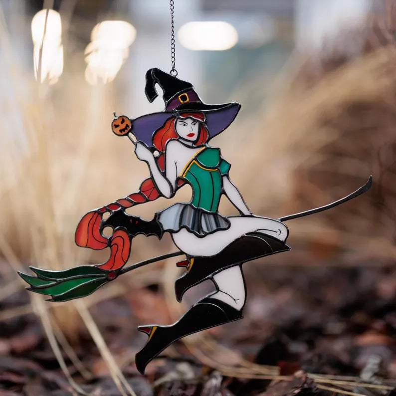 Halloween Witch on Broom Stained Glass Window Hanging Suncathcers