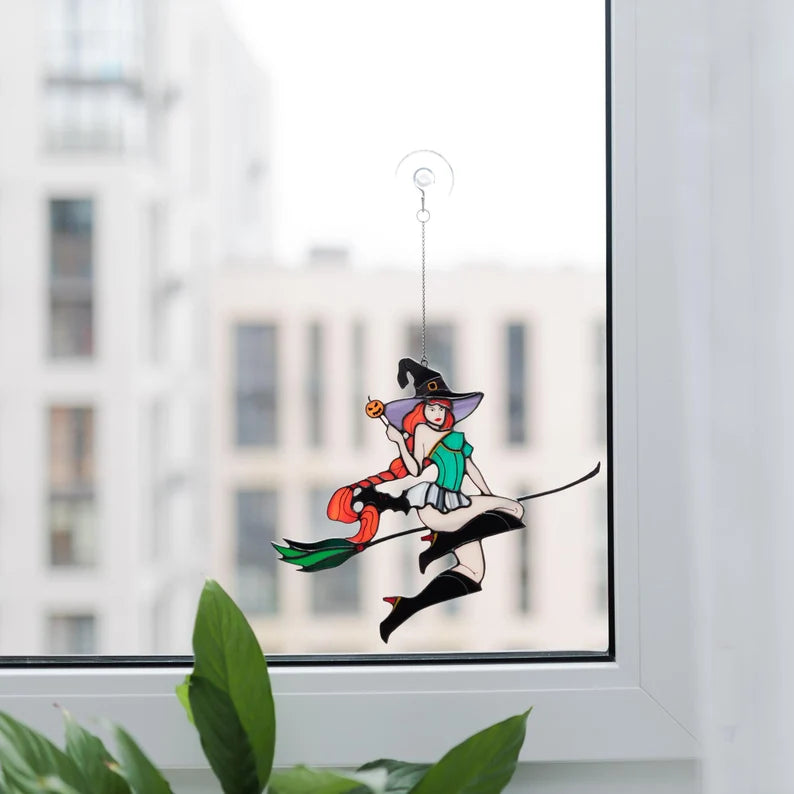 Halloween Witch on Broom Stained Glass Window Hanging Suncathcers