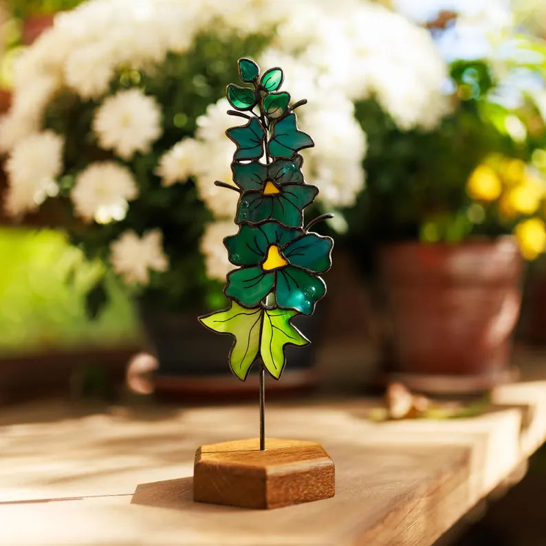 Handmade Stained Glass Delphinium Sunctcher Plant Stake July Birth Flower Gift for Mom
