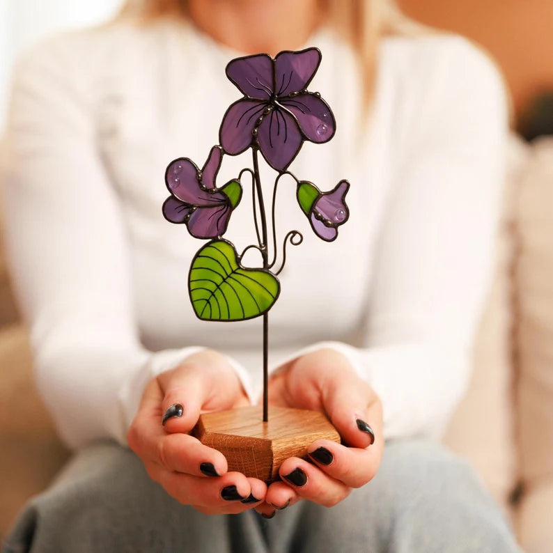 Stained Glass Sun Catcher Violet Plant Stake February Birth Flower Gift for Grandma Garden
