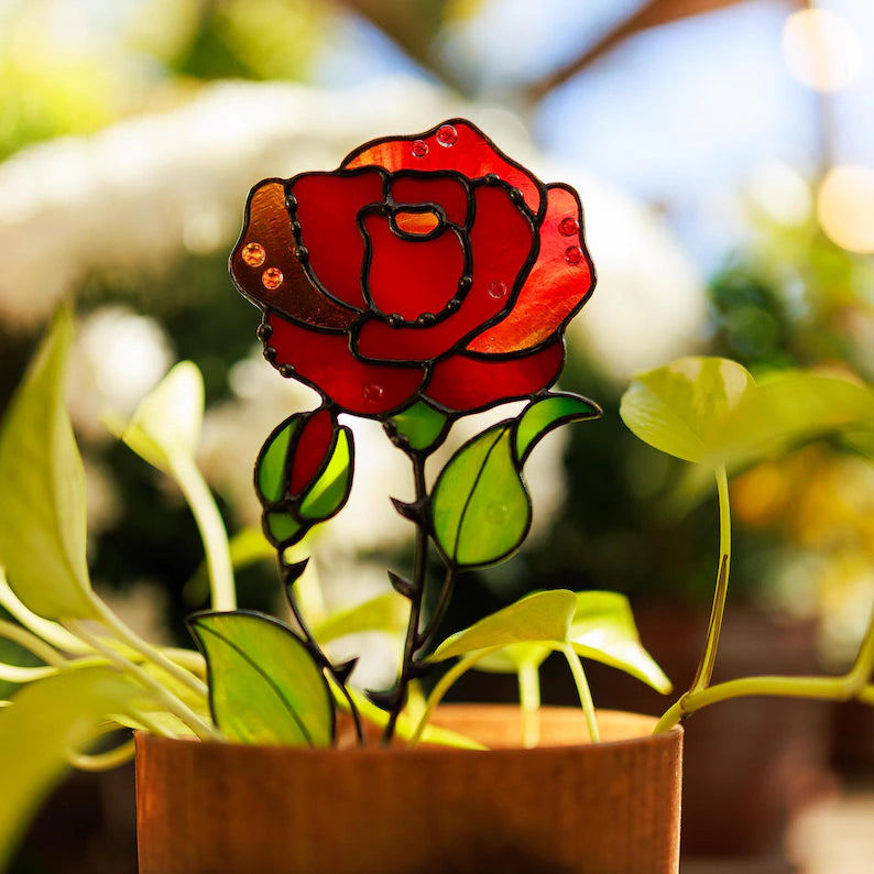 Stained Glass Rose Flower Window Decoration June Birth Flower Gift for Her