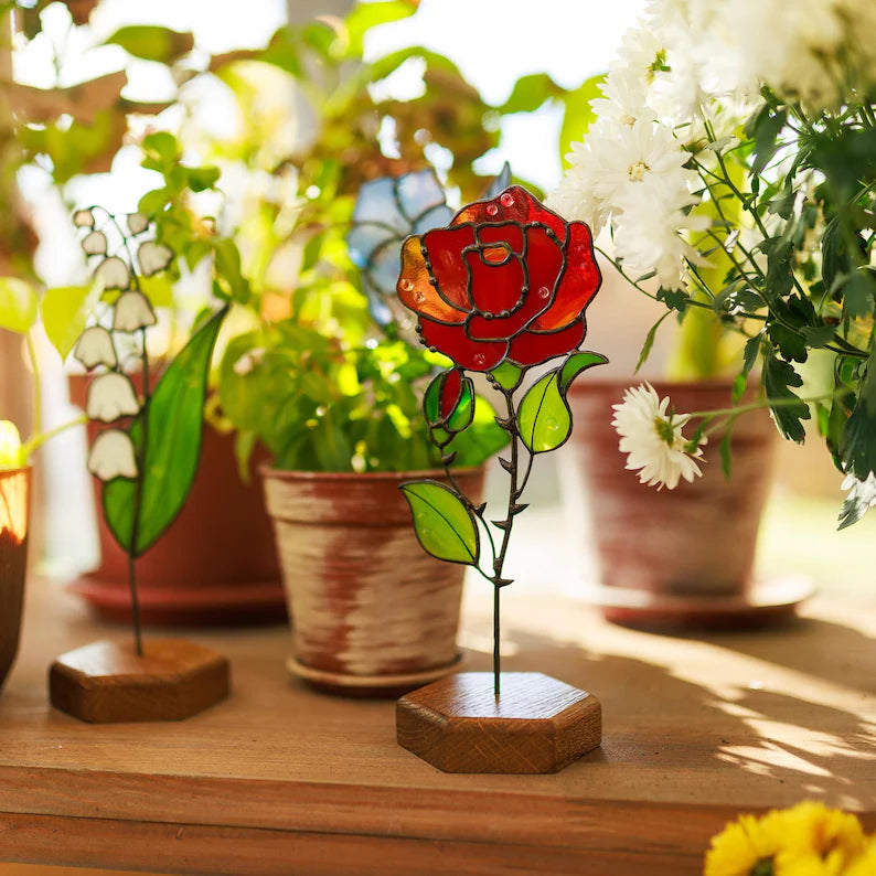 Stained Glass Rose Plant Stake (June Birth Flower)