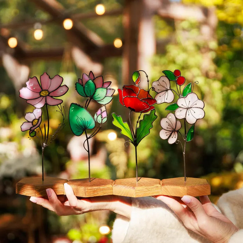 Handmade Stained Glass Water Lily Sunctcher Plant Stake July Birth Flower Gift for Mom