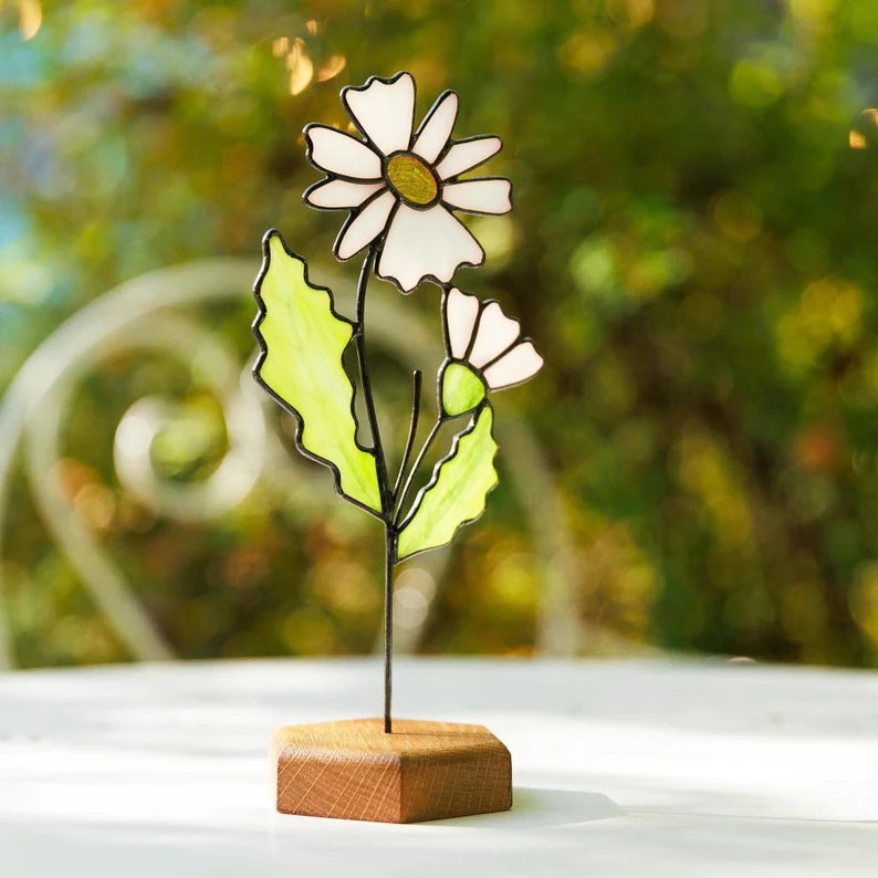 Personalized Stained Glass Daisy Plant Stake Suncatcher April Birth Flower Best Gifts for Mom Birthday