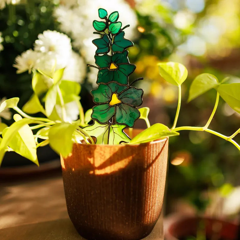Handmade Stained Glass Delphinium Sunctcher Plant Stake July Birth Flower Gift for Mom