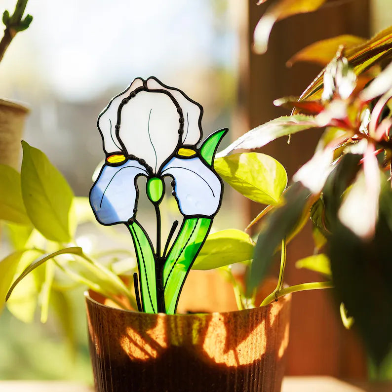 Personalized Stained Glass Iris Plant Stake Suncatcher February Birth Flower Best Gifts for Mom Birthday