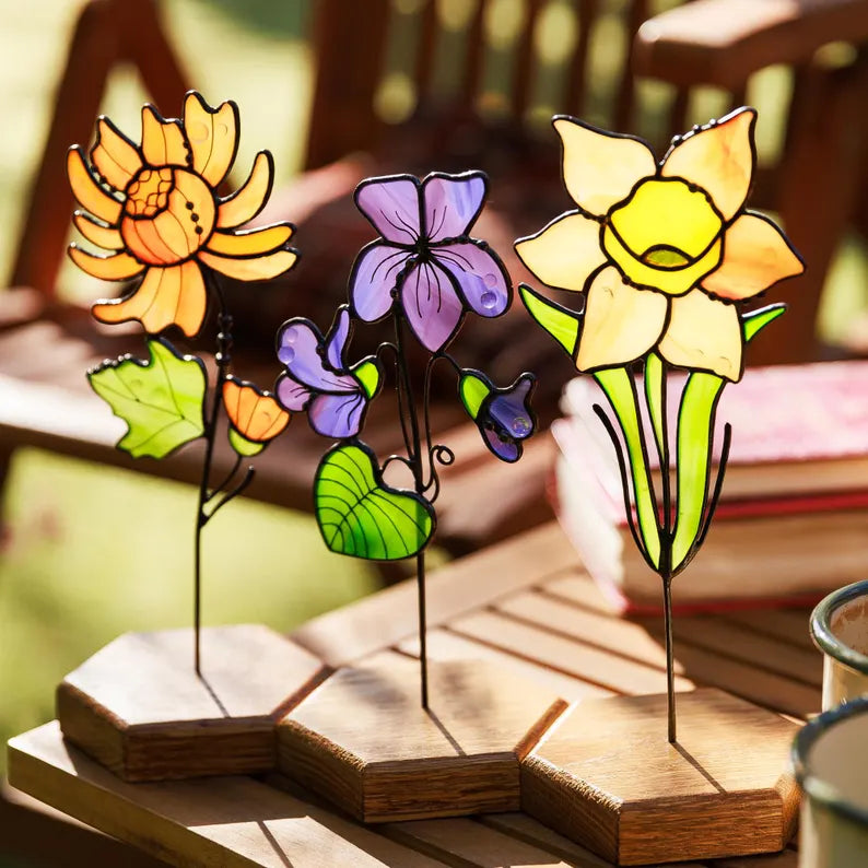 Personalized Stained Glass Daffodil Plant Stake Suncatcher March Birth Flower Best Gifts for Mom Birthday