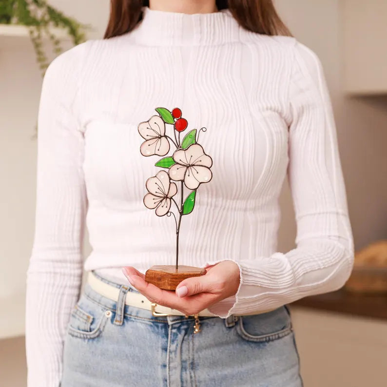 Hawthorn Suncatcher Plant Stake May Birth Flower Stained Glass Gifts for Women