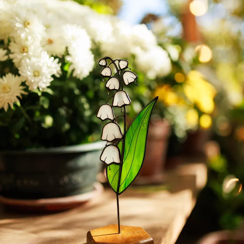 Lily of the Valley Suncatcher Plant Stake May Birth Flower Stained Glass Gifts for Women