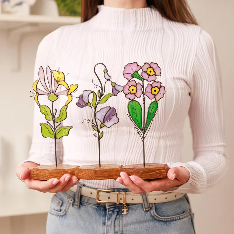 Stained Glass Sun Catcher Primrose Plant Stake February Birth Flower Gift for Grandma Garden