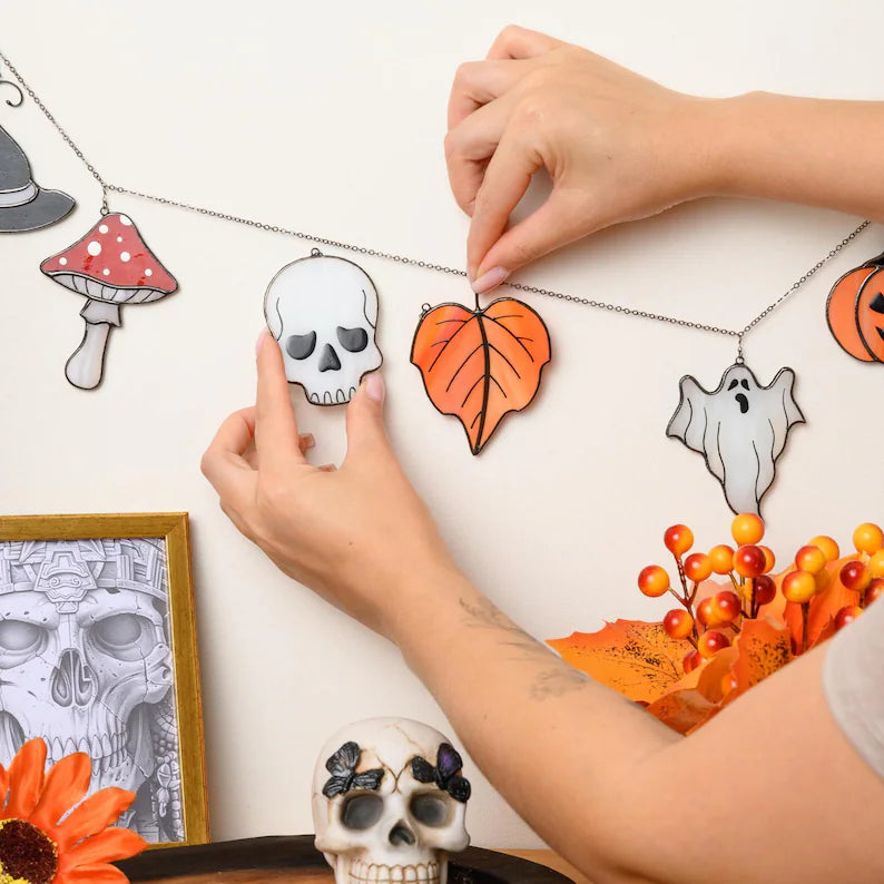 Stained Glass Halloween Garland: Ghost Window Hanging, Boho Fall Decor