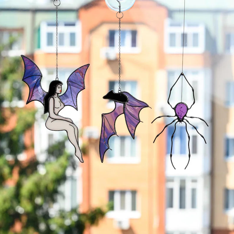 Stained Glass Halloween Suncatcher Set: Bat, Spider & Vampire Window Decor
