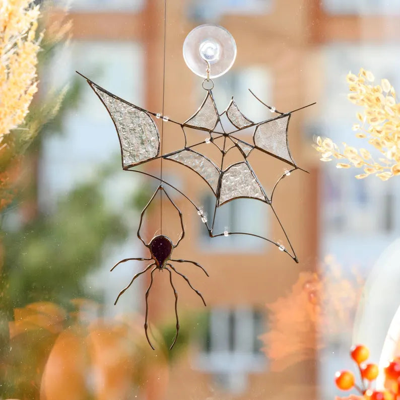 Spider Web Suncatcher Stained Glass: Halloween Indoor Decor & Halloween Gift