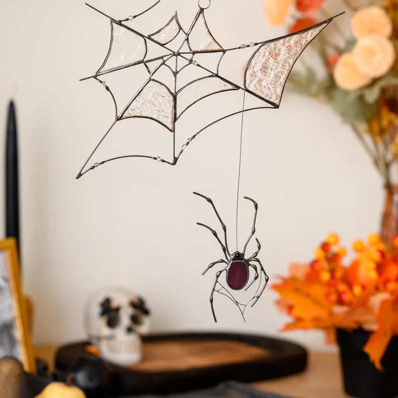 Spider Web Suncatcher Stained Glass: Halloween Indoor Decor & Halloween Gift