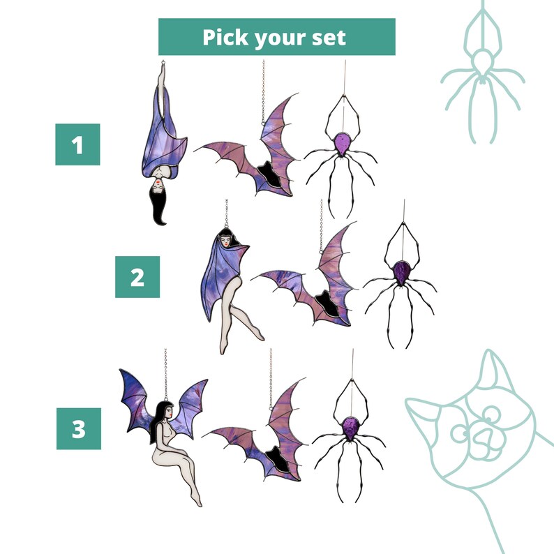 Stained Glass Halloween Suncatcher Set: Bat, Spider & Vampire Window Decor