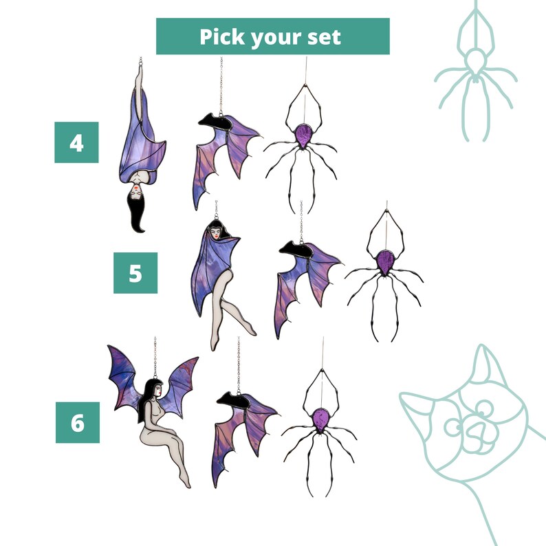 Stained Glass Halloween Suncatcher Set: Bat, Spider & Vampire Window Decor