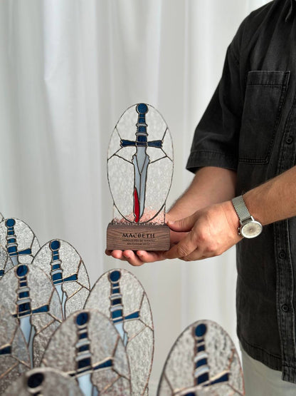 Stained glass knife suncatcher on stand