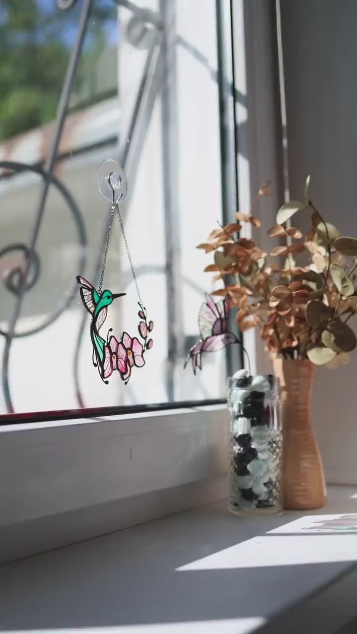 Tropical Hummingbird & Monstera Suncatcher Stained Glass Window Hanging Jungle-Inspired Gift for Her