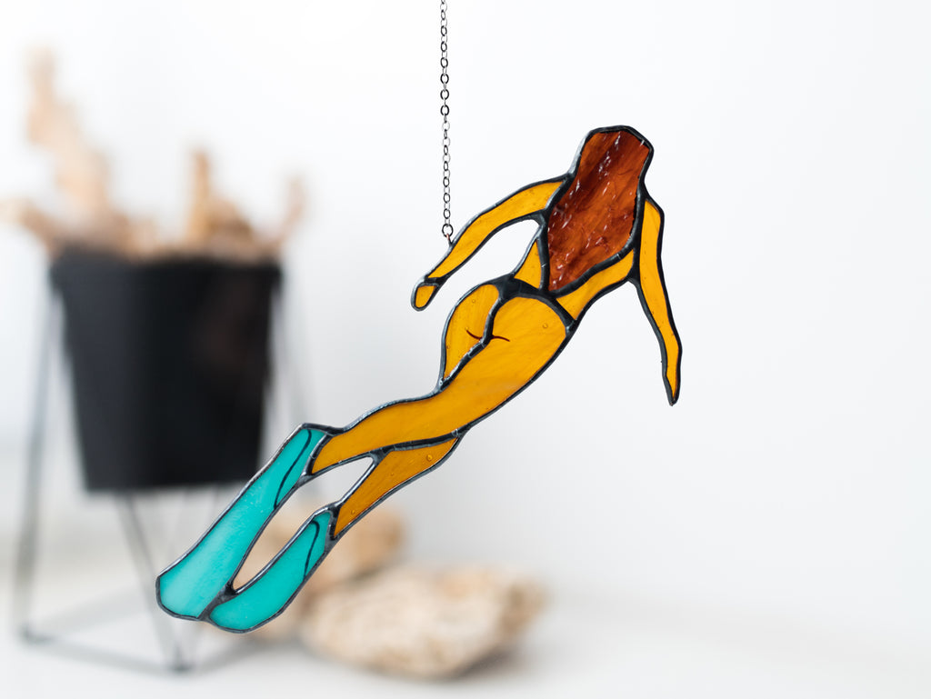 Stained Glass Diving Girl Suncatcher - Unique Beach House Decor