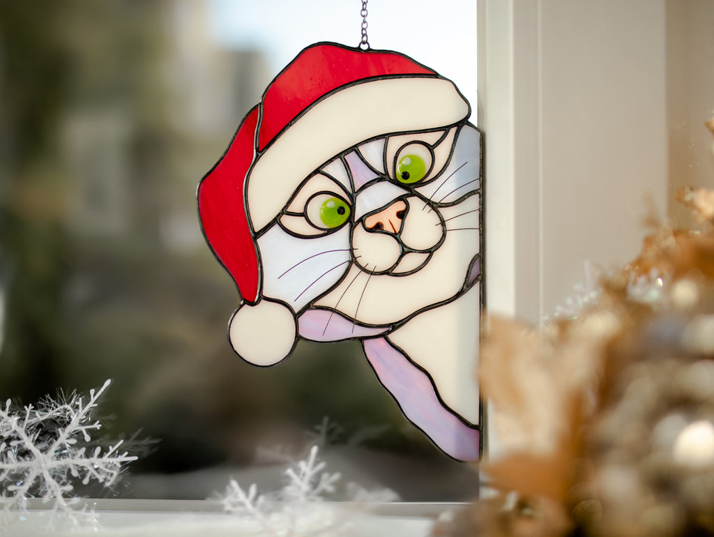 Christmas peeking cat Stained glass suncatcher