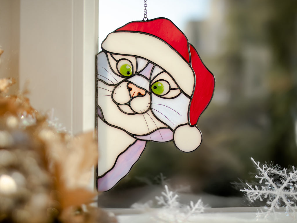 Christmas peeking cat Stained glass suncatcher