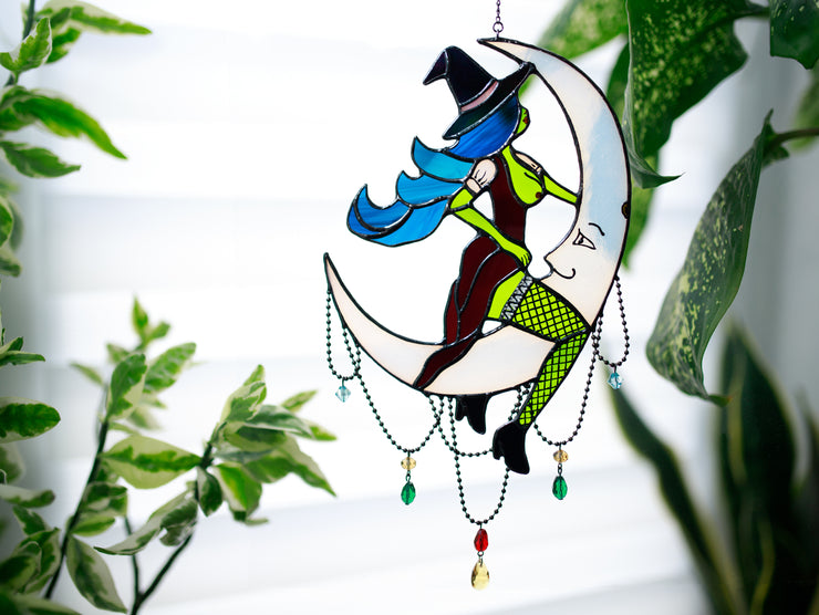 Witch on moon stained glass window hangings