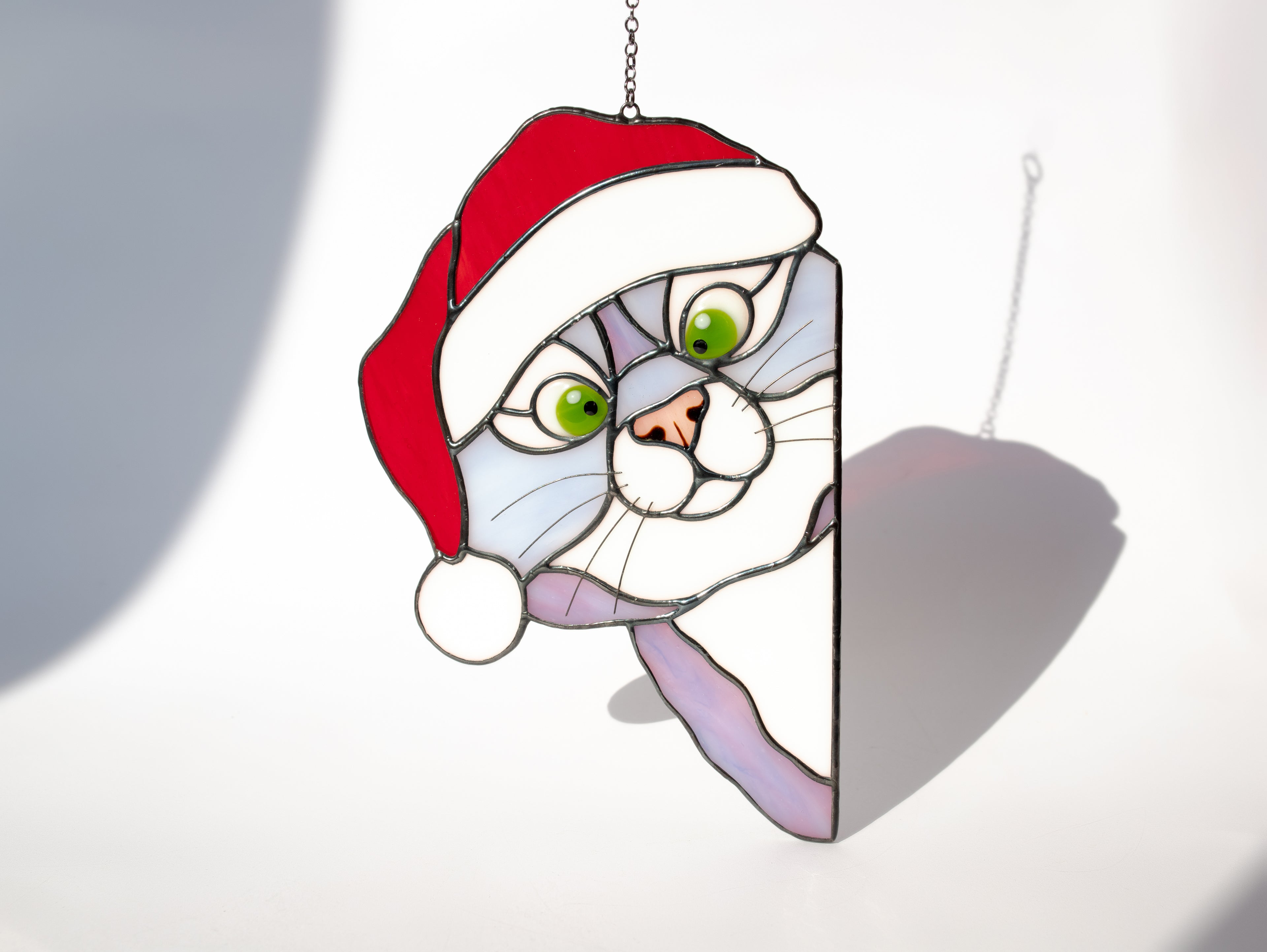 Christmas peeking cat Stained glass suncatcher