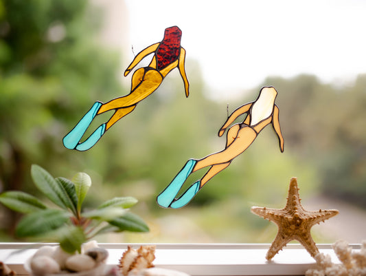 Stained Glass Diving Girl Suncatcher - Unique Beach House Decor