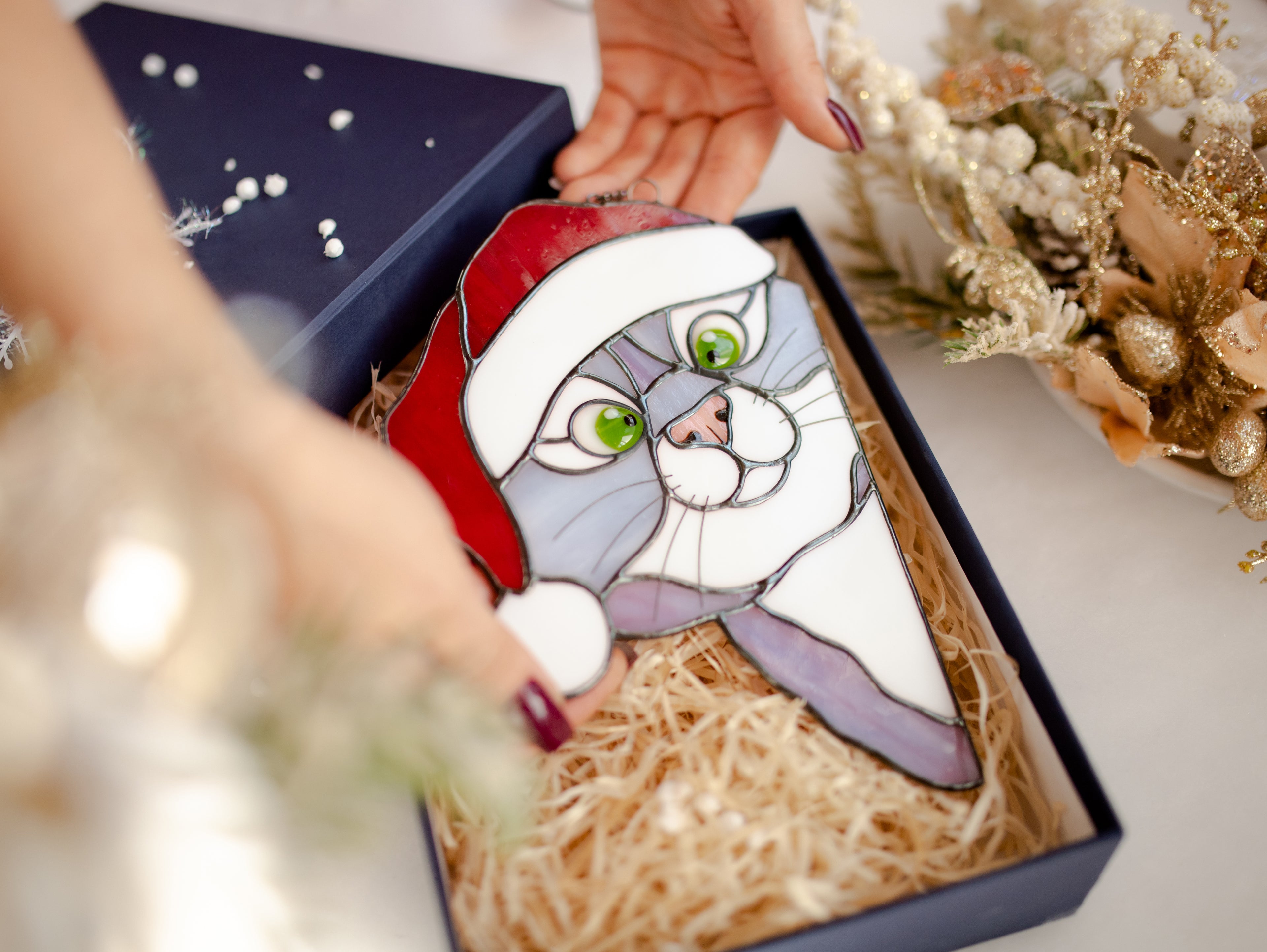 Christmas peeking cat Stained glass suncatcher