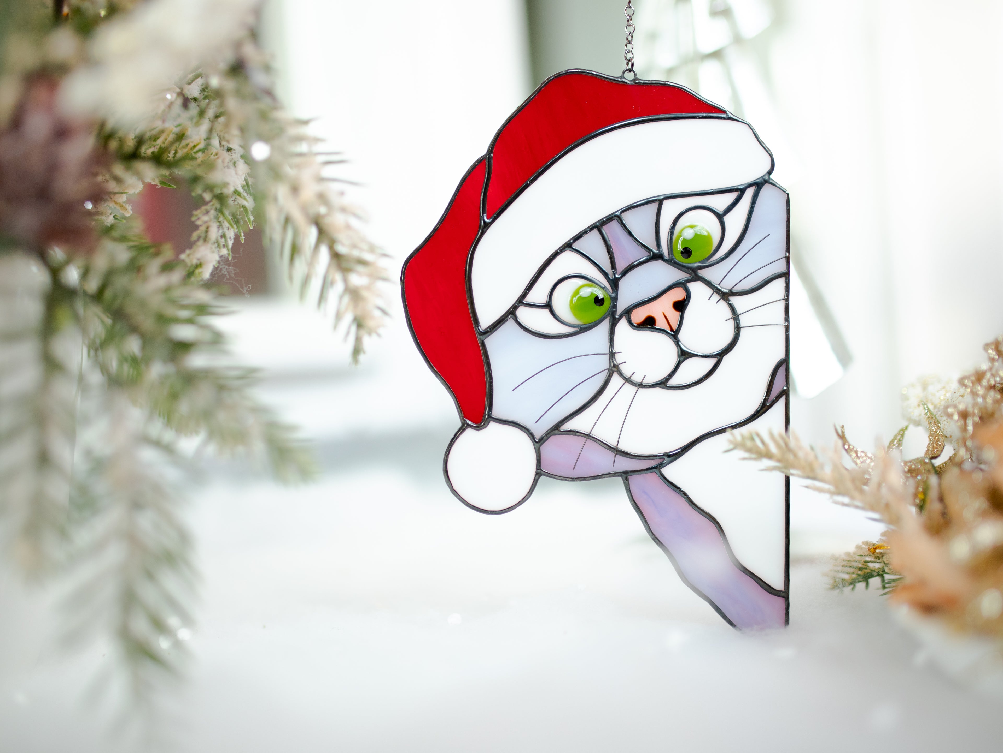 Christmas peeking cat Stained glass suncatcher