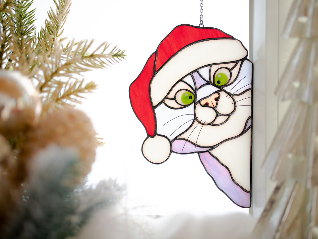 Christmas peeking cat Stained glass suncatcher