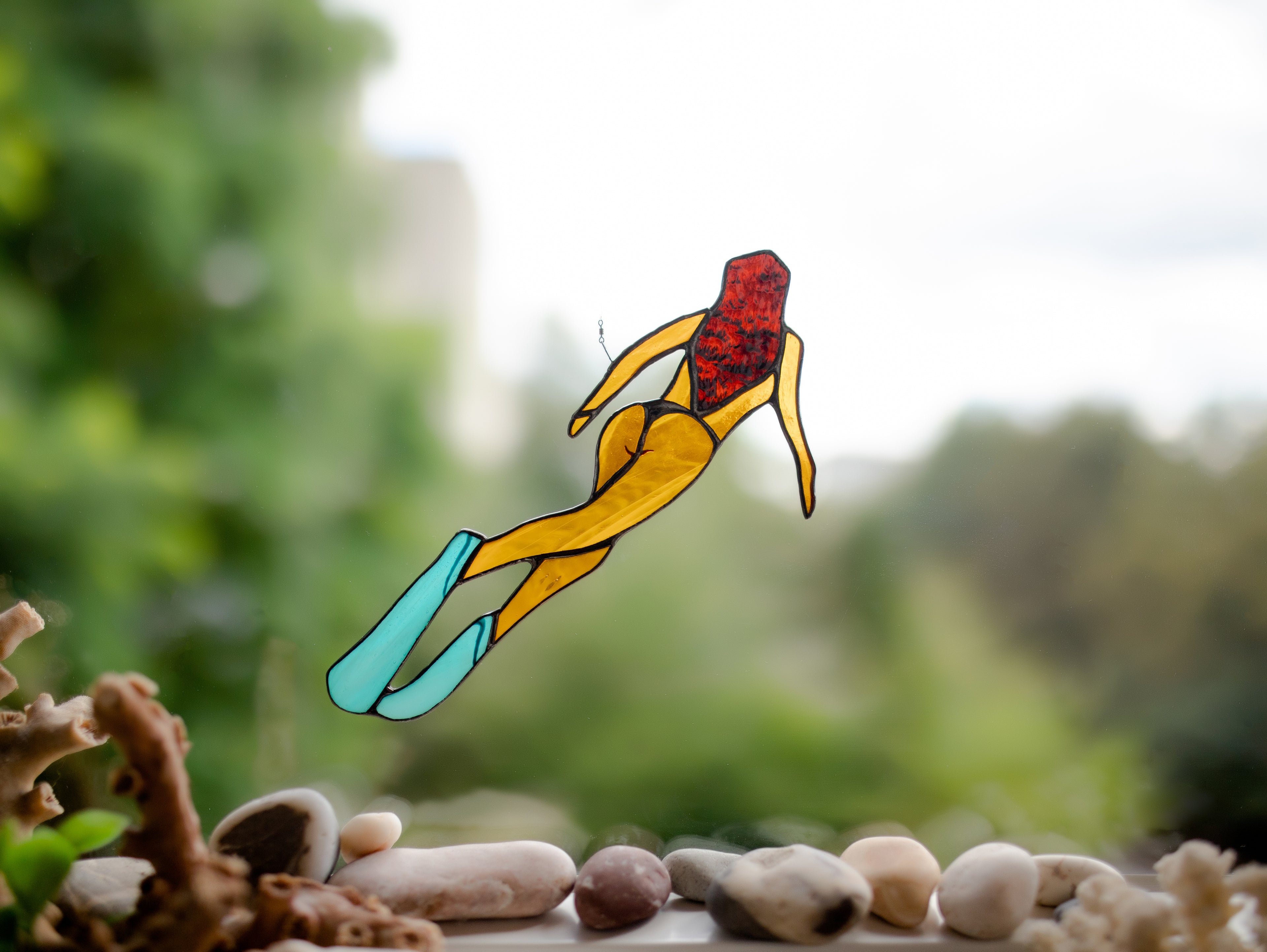 Stained Glass Diving Girl Suncatcher - Unique Beach House Decor